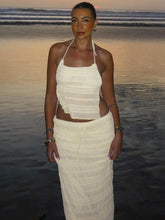 BXOXO Vacation Mesh See Through 2 Piece Set Women Halter Lace-Up Backless Crop Tops+Loose Elegant Long Skirts Trend Outfits